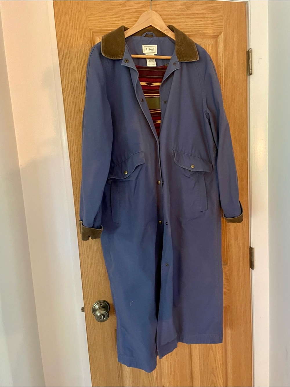 L.L. Bean Blue Canvas Trench with Brown Corduroy Collar - Picture 3 of 5